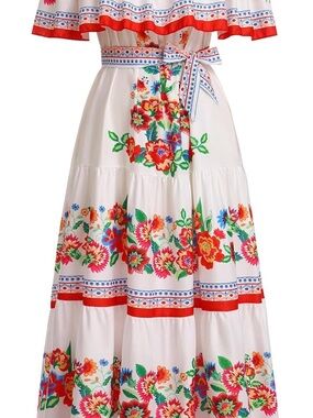 White Floral Maxi Skirt with Red Trim and Tie Waist